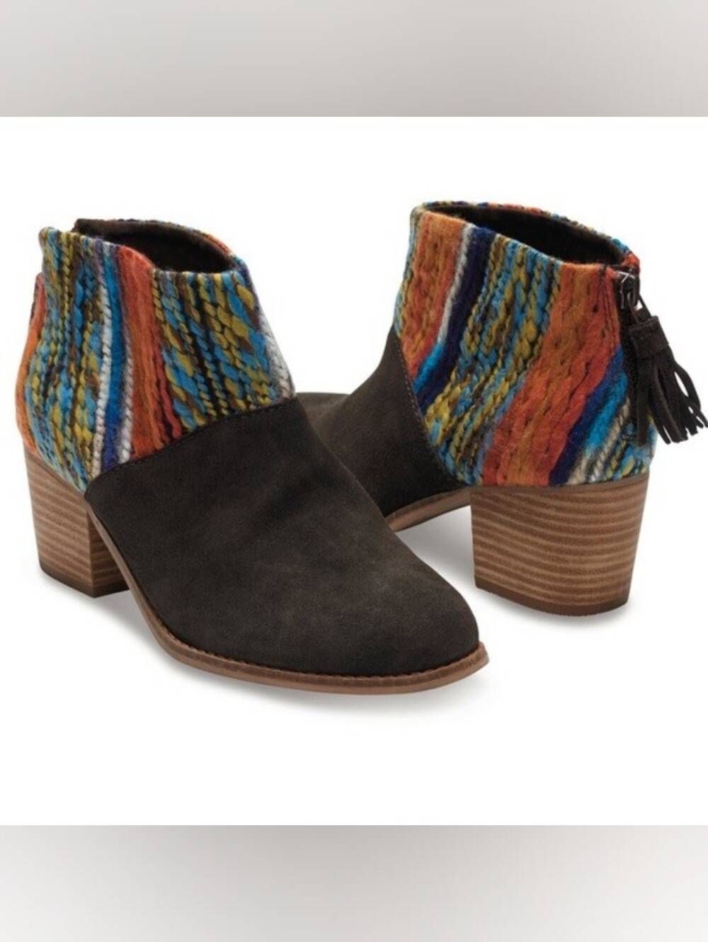 TOMS Leila Ankle Booties in Chocolate Brown Suede and Multicolor Yarn Sz 8
